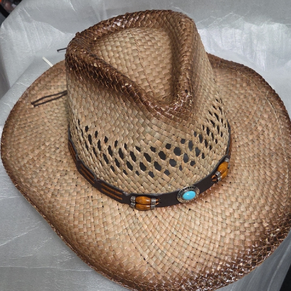 Brown Straw Cowboy Hat with Turquoise Accent